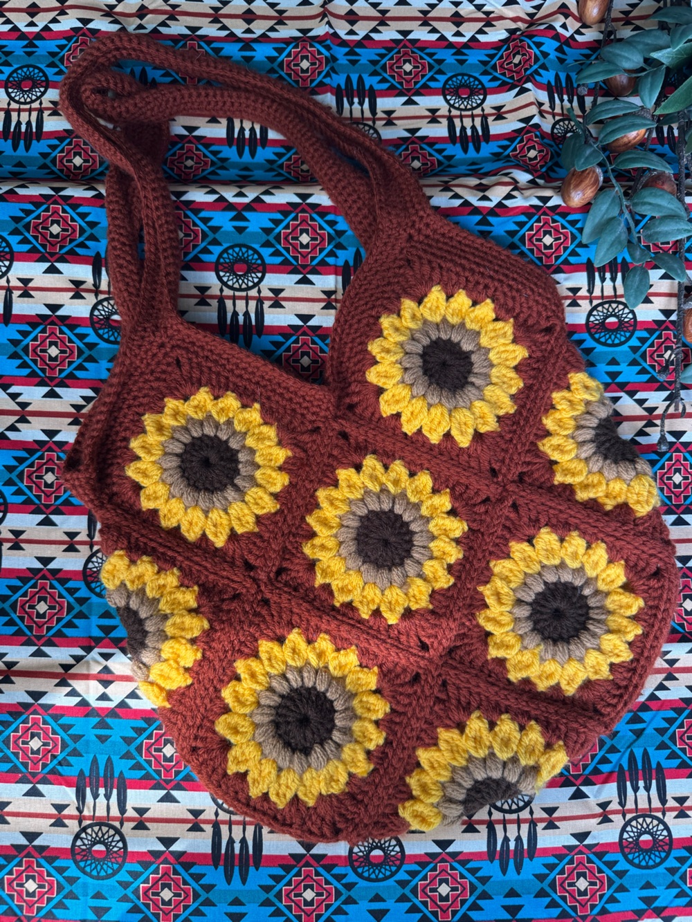 Handmade Crocheted Sunflower Tote Bag - Brown & Yellow
